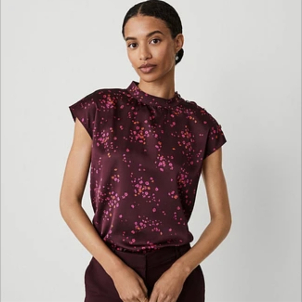 Ann Taylor Maroon Floral Cowl Neck Shell Top